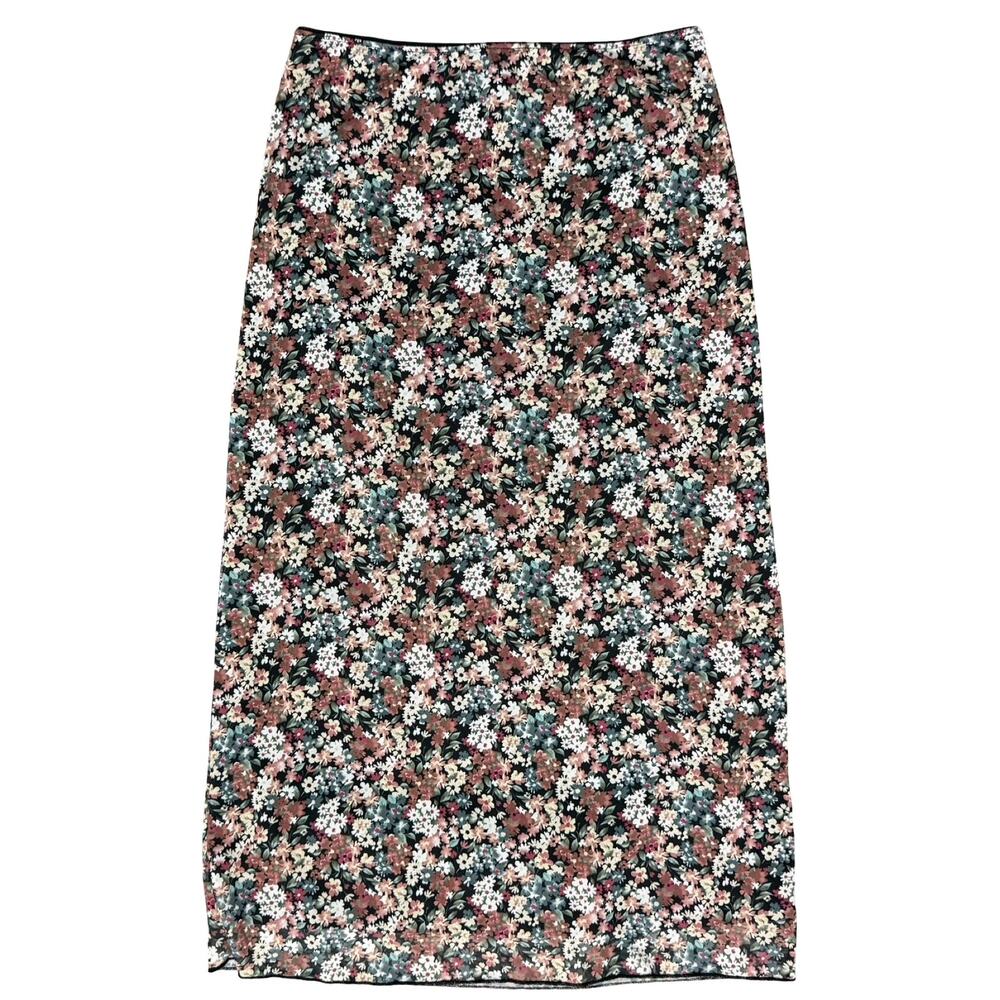 RSQ Black Pink White Green Floral Double Layer Mesh Stretch Midi Skirt Size L - Picture 2 of 7